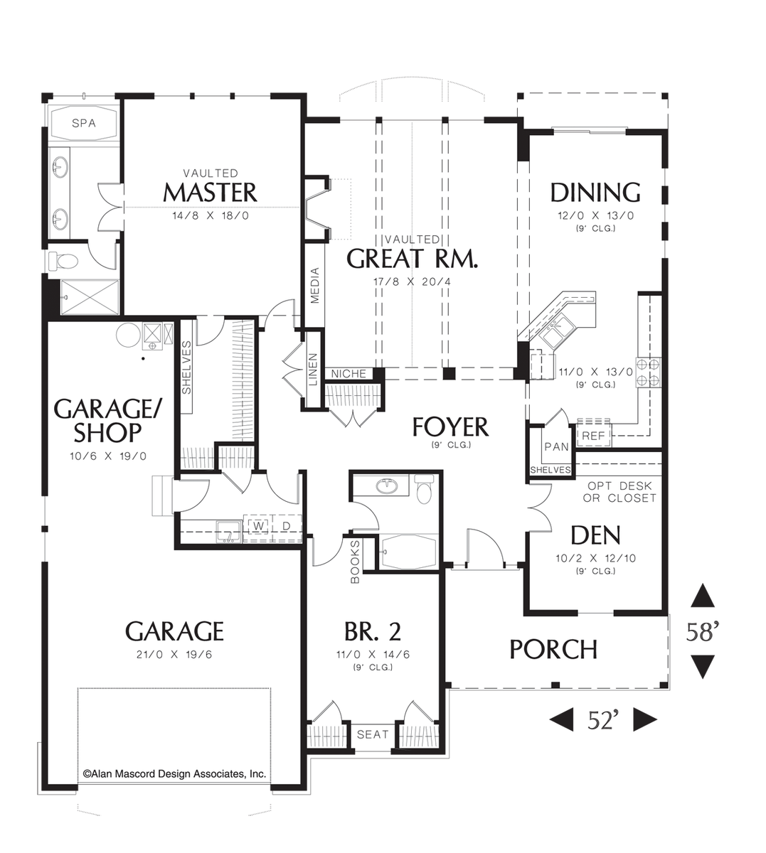 Main Floor Plan image for Mascord Lindley-3 Bed, 2 Bath, 2 Car Garage Cottage Home-Main Floor Plan