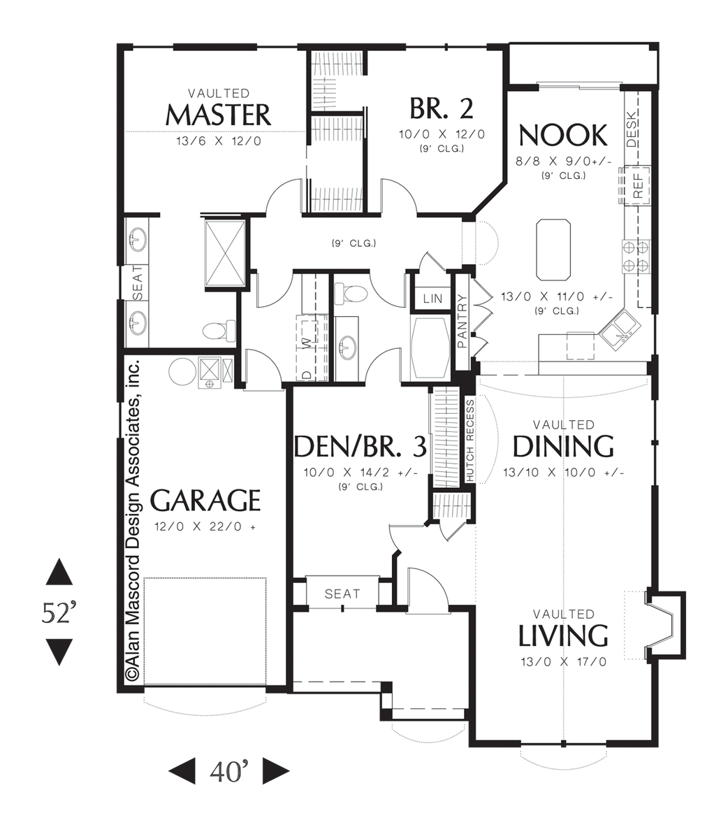 Main Floor Plan image for Mascord Wenlock-Cottage Plan with Vaulted Ceilings and Fireplace-Main Floor Plan