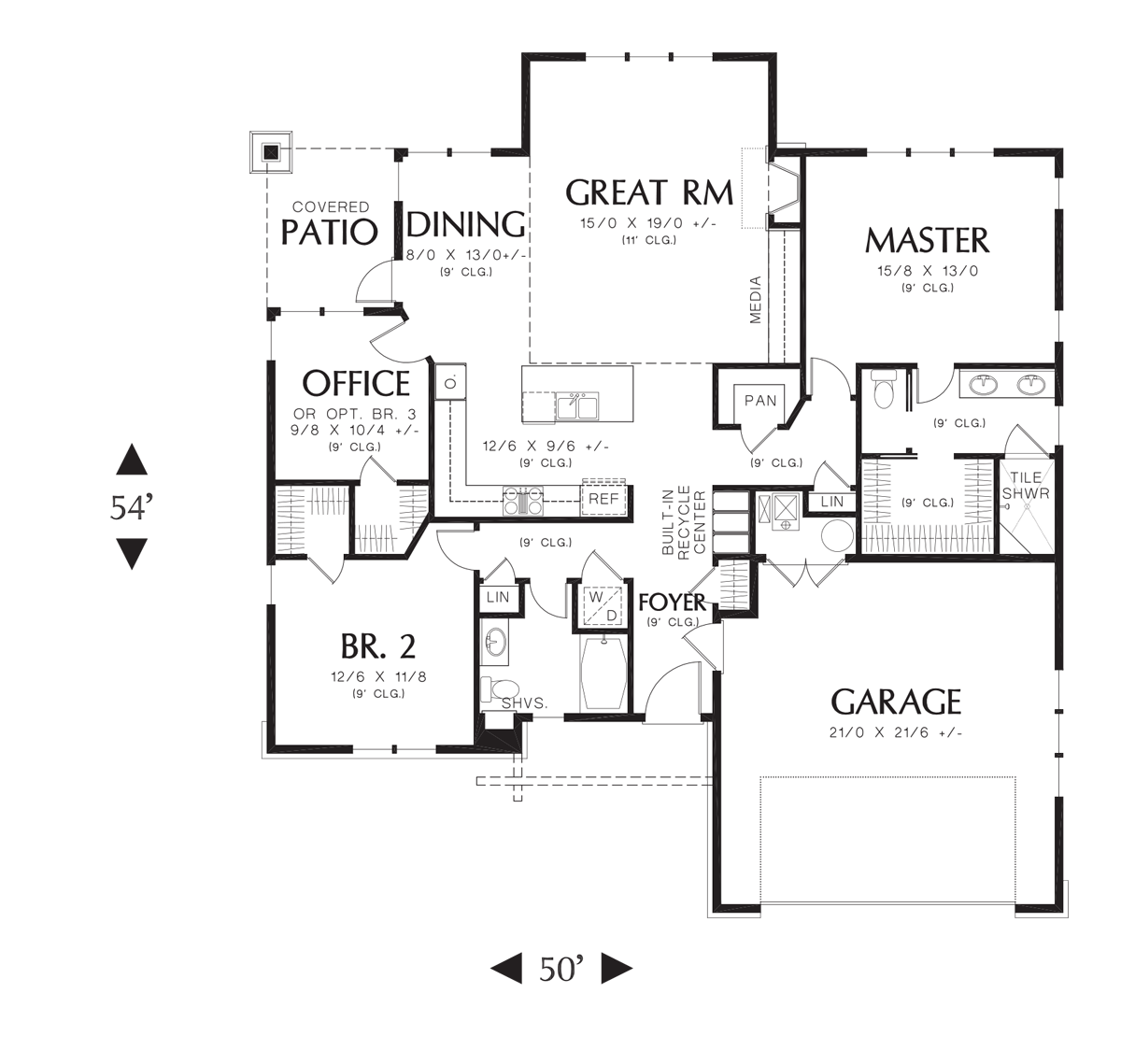 Main Floor Plan image for Mascord Pasadena-Wonderful compact Craftsman Ranch-Main Floor Plan