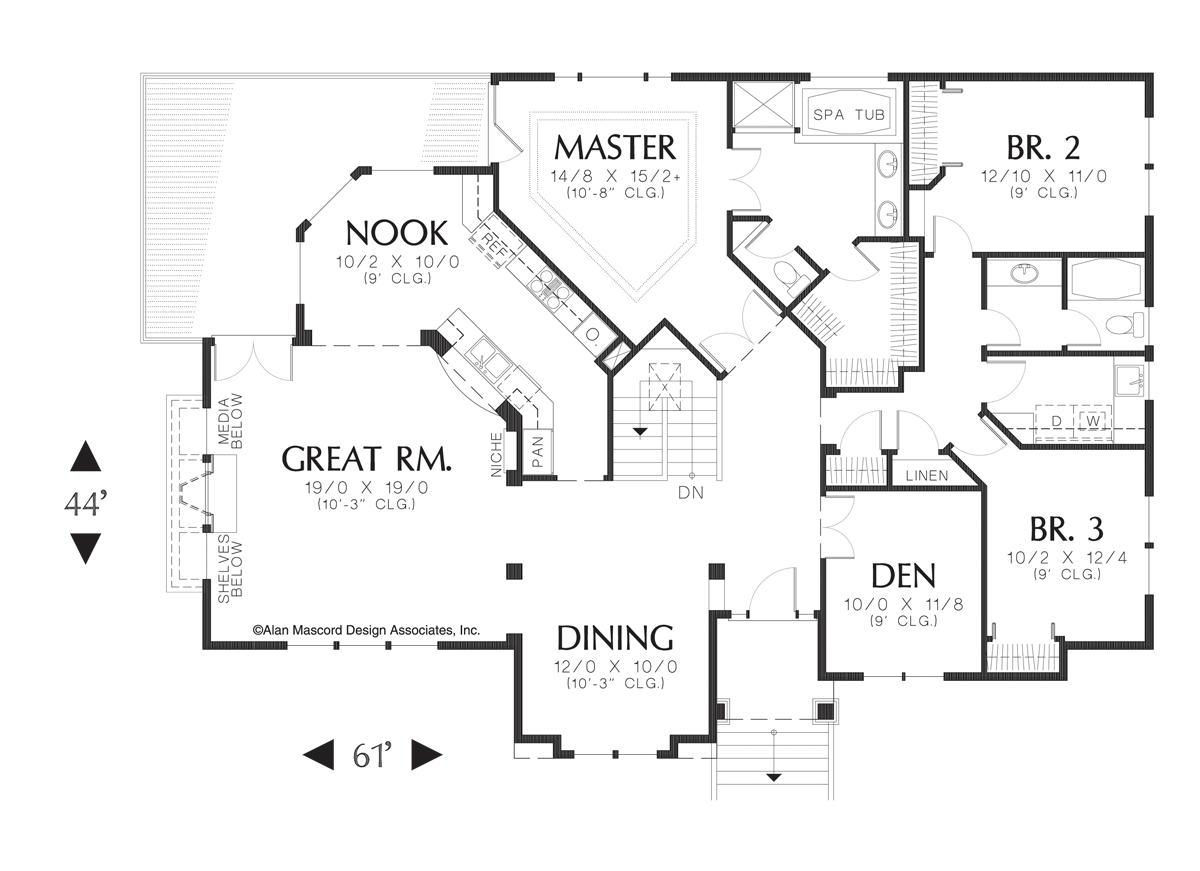 Main Floor Plan image for Mascord Janesville-Traditional Plan with U-shaped Staircase and Skylight-Main Floor Plan