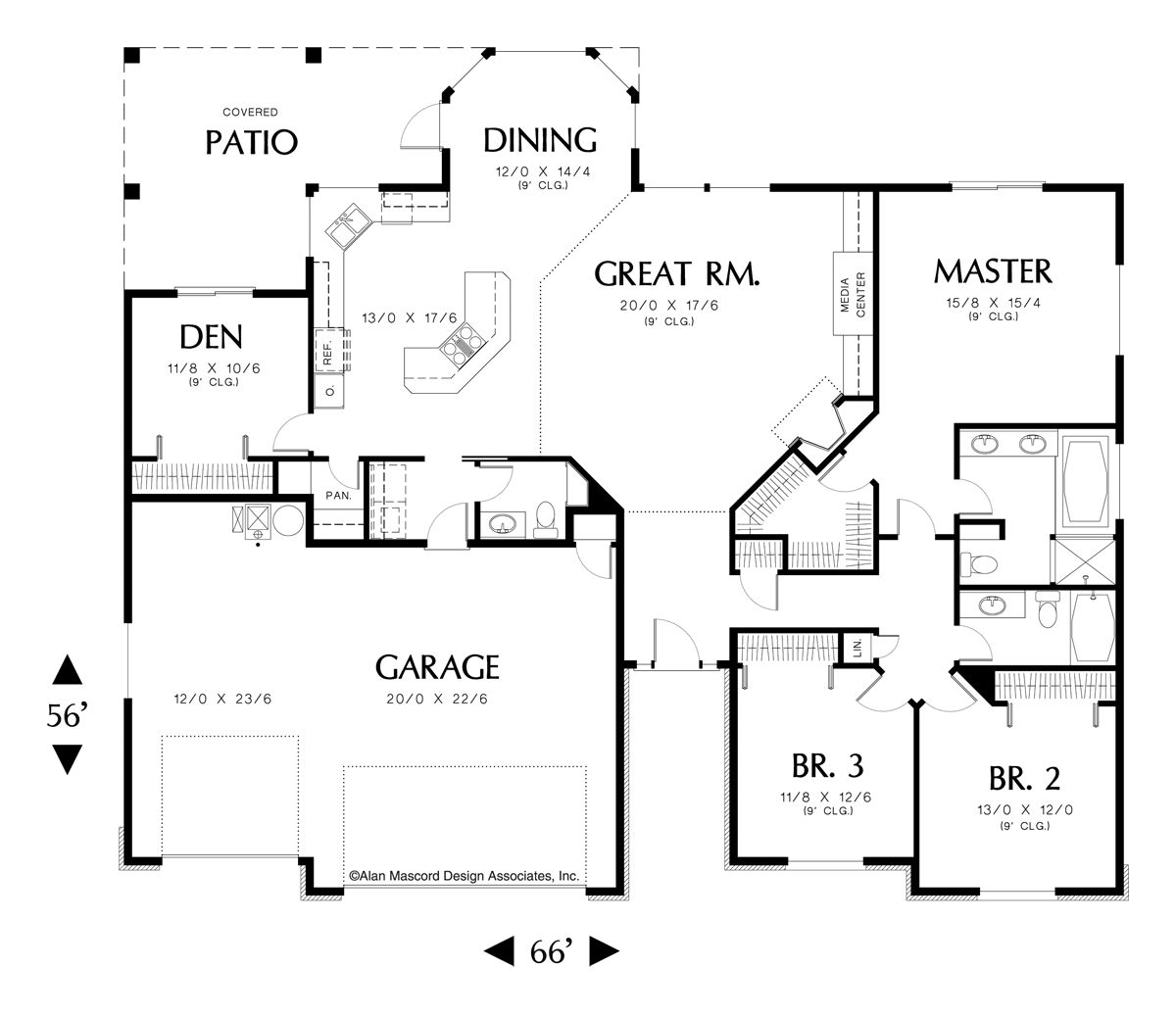 Main Floor Plan image for Mascord Emily-One Story 3 Bedroom Plan with Den-Main Floor Plan