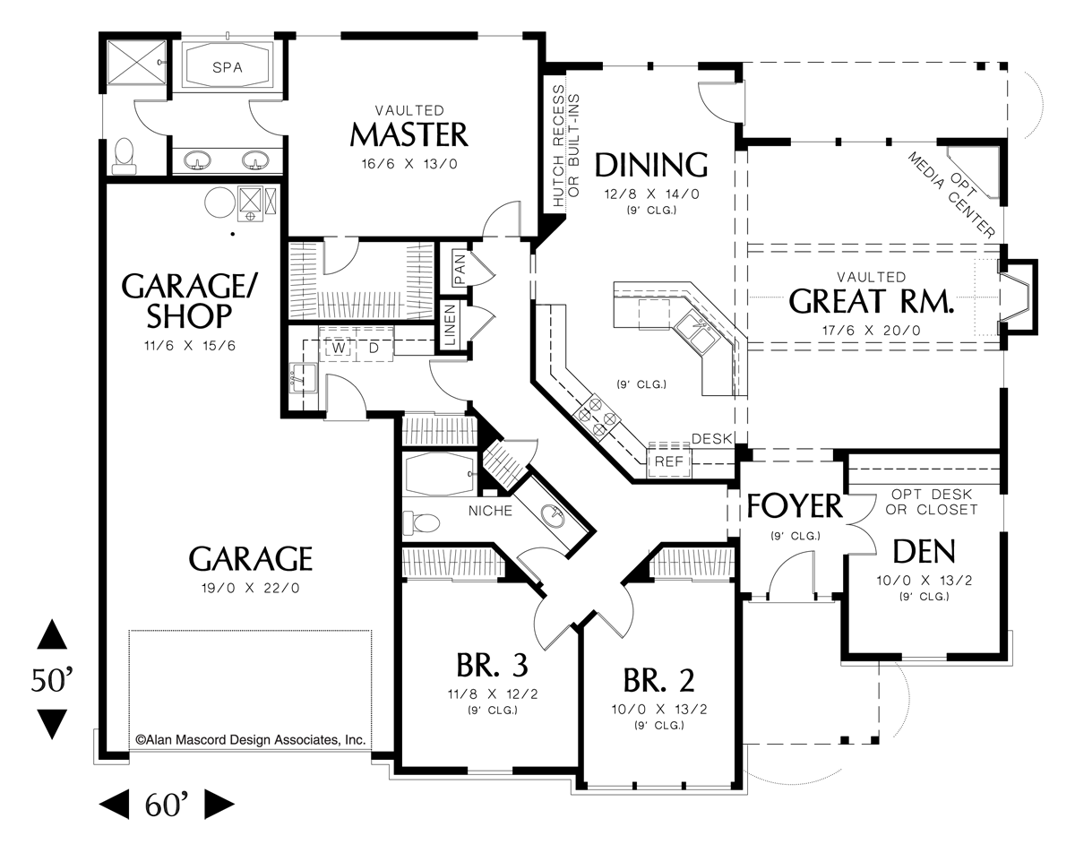 Main Floor Plan image for Mascord Galen-Traditional Plan with Fireplace and Media Center-Main Floor Plan