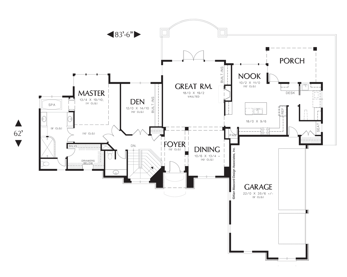 Main Floor Plan image for Mascord Landgren-Hillside Plan with Many Built-ins-Main Floor Plan