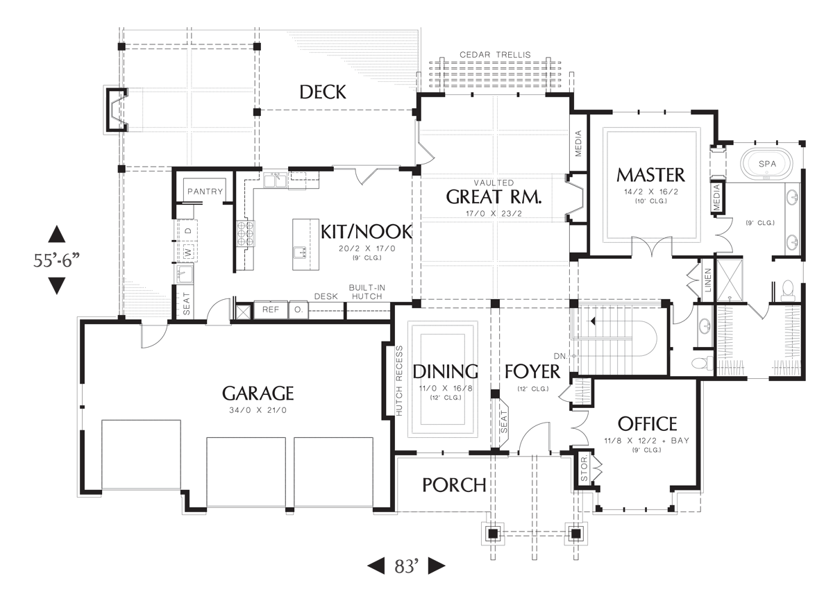 Main Floor Plan image for Mascord Lenhart-Craftsman Style Home Plan for Down-sloping Lot-Main Floor Plan