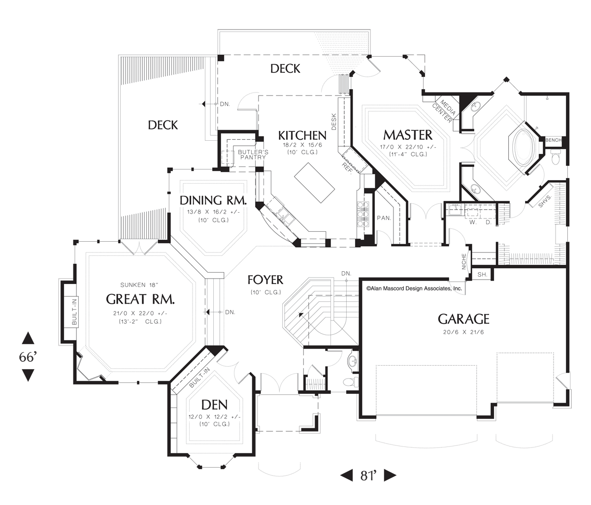 Main Floor Plan image for Mascord Avellana-European Home Plan for Side and Rear Sloping Lots-Main Floor Plan