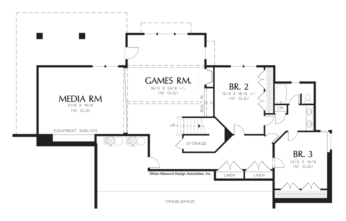 Lower Floor Plan image for Mascord Holdsworth-Hillside Craftsman Plan with Vaulted Great Room-Lower Floor Plan