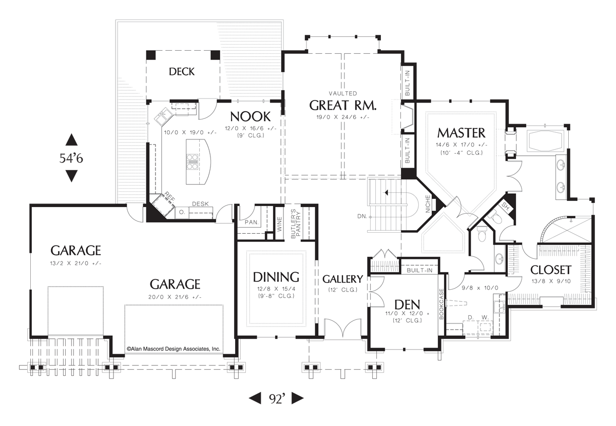 Main Floor Plan image for Mascord Holdsworth-Hillside Craftsman Plan with Vaulted Great Room-Main Floor Plan