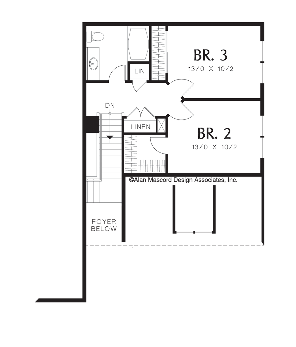 Upper Floor Plan image for Mascord Marshall-Small Family Cottage Plan with Vaulted Ceilings-Upper Floor Plan
