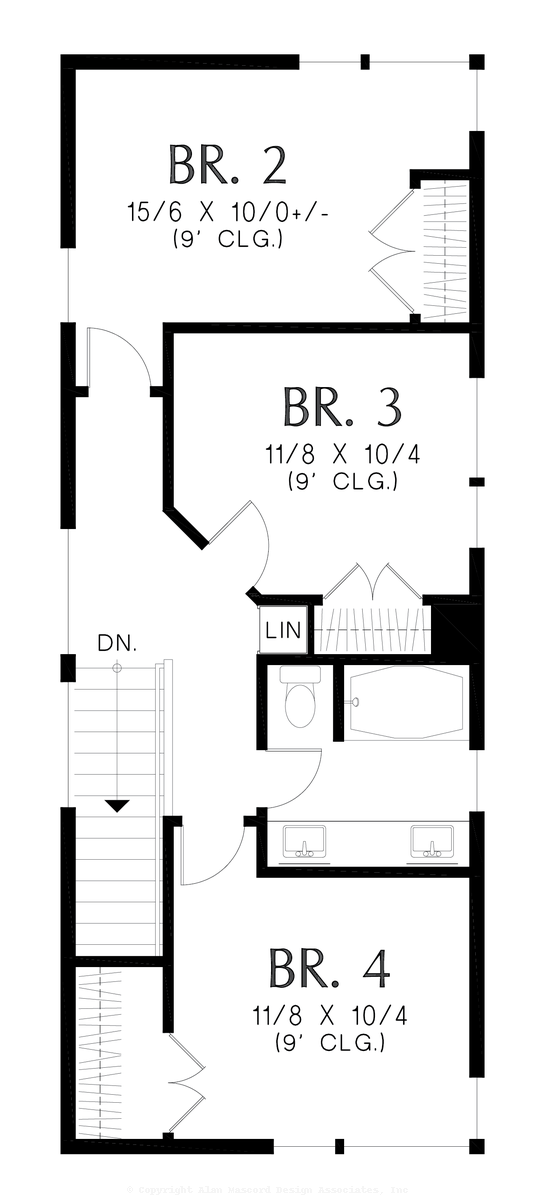 Upper Floor Plan image for Mascord Manhattan-Live Large in this Narrow Home with Vaulted Spaces-Upper Floor Plan
