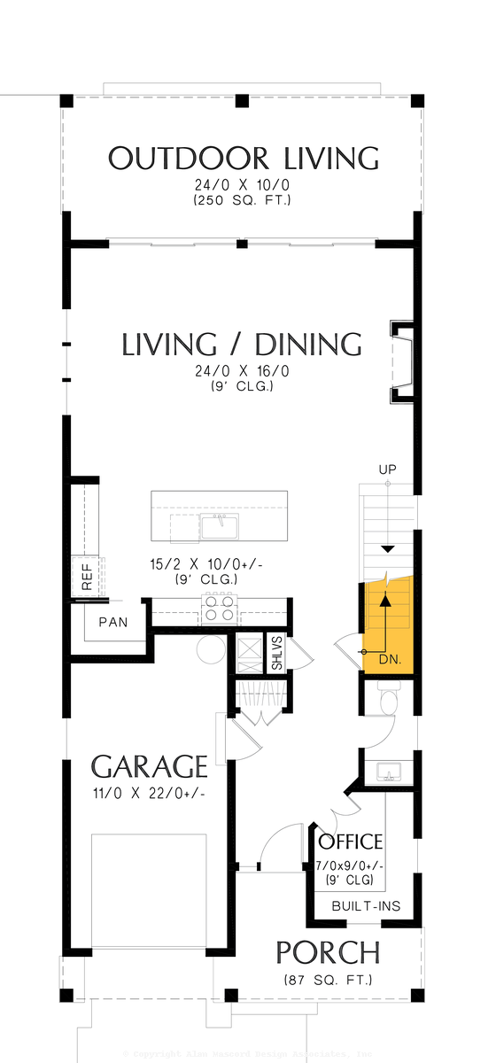 Basement Stair Location image for Mascord Bramble-Narrow Lot Plan with Office and Great Connection to Outdoors-Basement Stair Location
