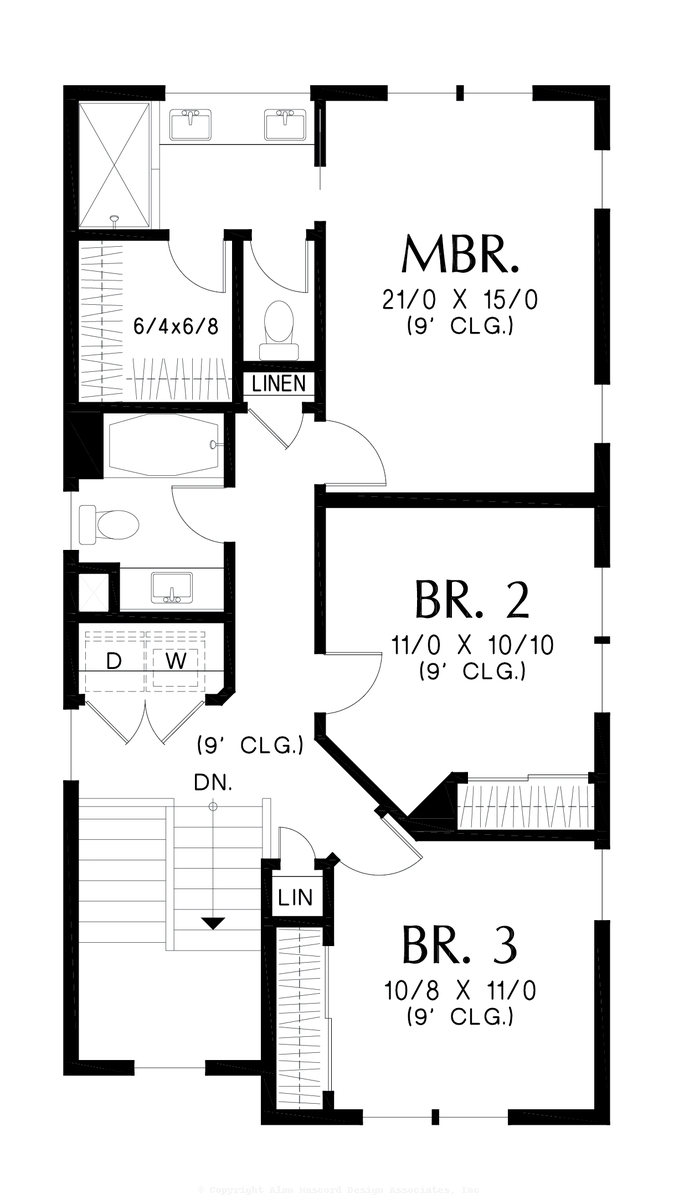 Upper Floor Plan image for Mascord Sackville-Farmhouse Style for Urban Lots-Upper Floor Plan
