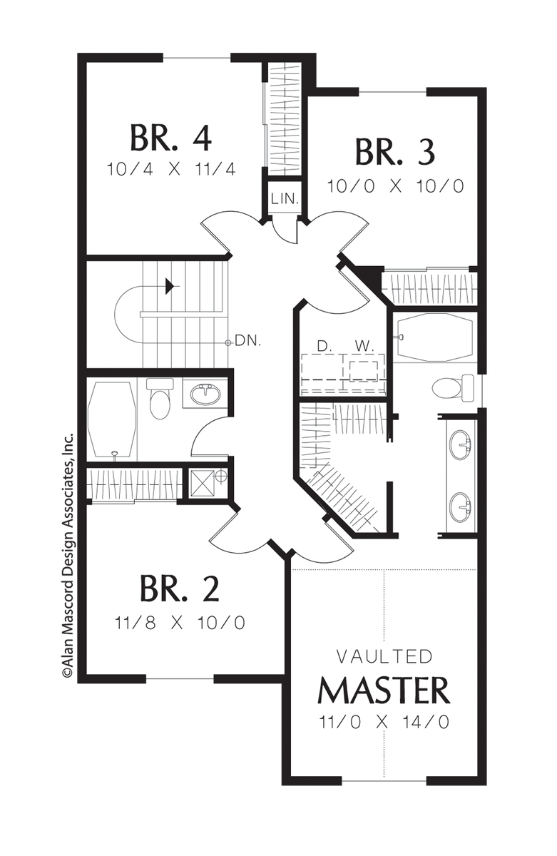 Upper Floor Plan image for Mascord Graham-4 Bedroom Colonial Plan with Vaulted Master-Upper Floor Plan
