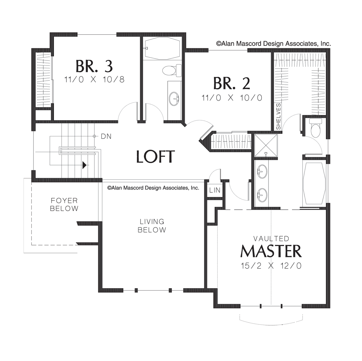 Upper Floor Plan image for Mascord Newell-Sloping Lot Tri-level Plan with Loft-Upper Floor Plan