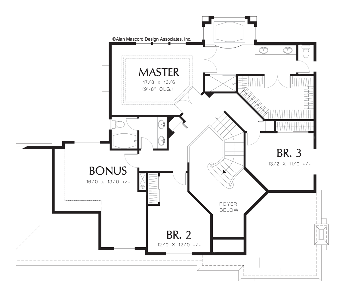 Upper Floor Plan image for Mascord Huxley-Flowing European Style Plan with Structural Columns-Upper Floor Plan