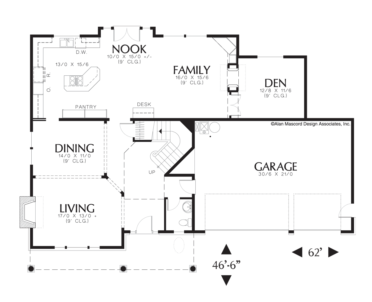 Main Floor Plan image for Mascord Clairborne-Craftsman Plan Features Double Sided Fireplace-Main Floor Plan