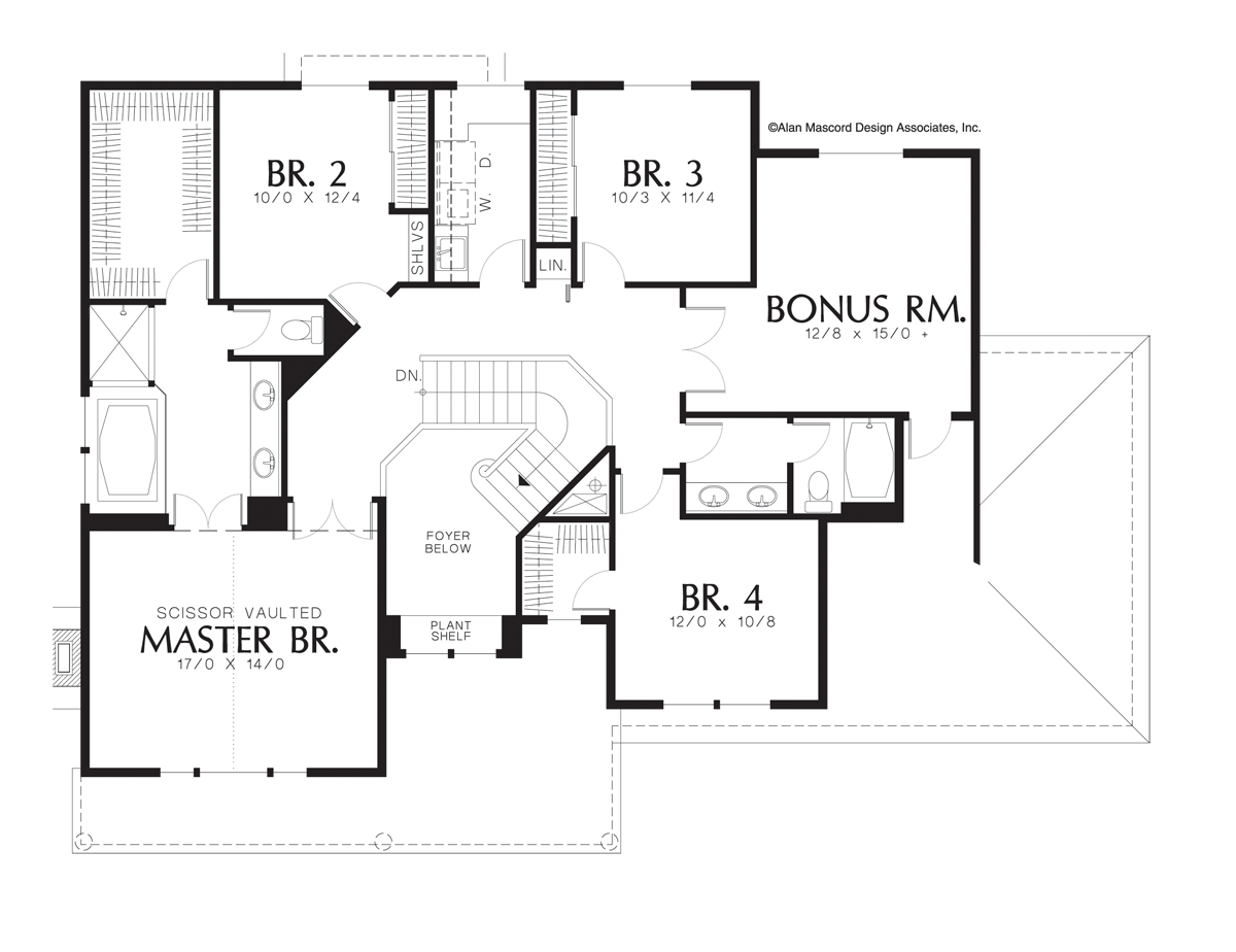 Upper Floor Plan image for Mascord Clairborne-Craftsman Plan Features Double Sided Fireplace-Upper Floor Plan