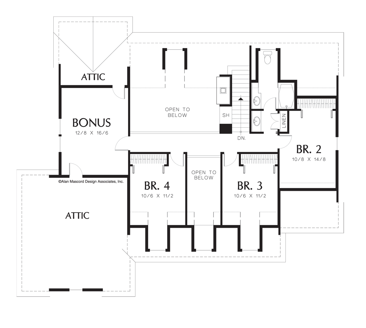 Upper Floor Plan image for Mascord Everly-Country Plan with Side-Loading Garage-Upper Floor Plan
