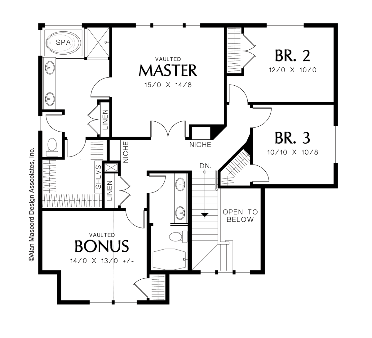 Upper Floor Plan image for Mascord Creston-Livable 3 Bedroom Craftsman Plan with Bonus Room-Upper Floor Plan