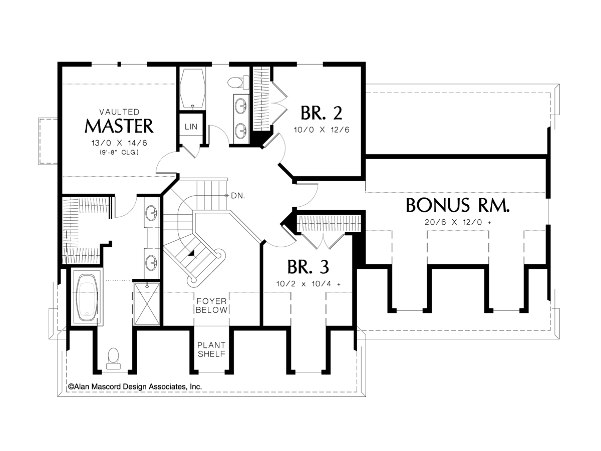Upper Floor Plan image for Mascord Lawrence-Colonial Style Plan with Front or Side Garage-Upper Floor Plan