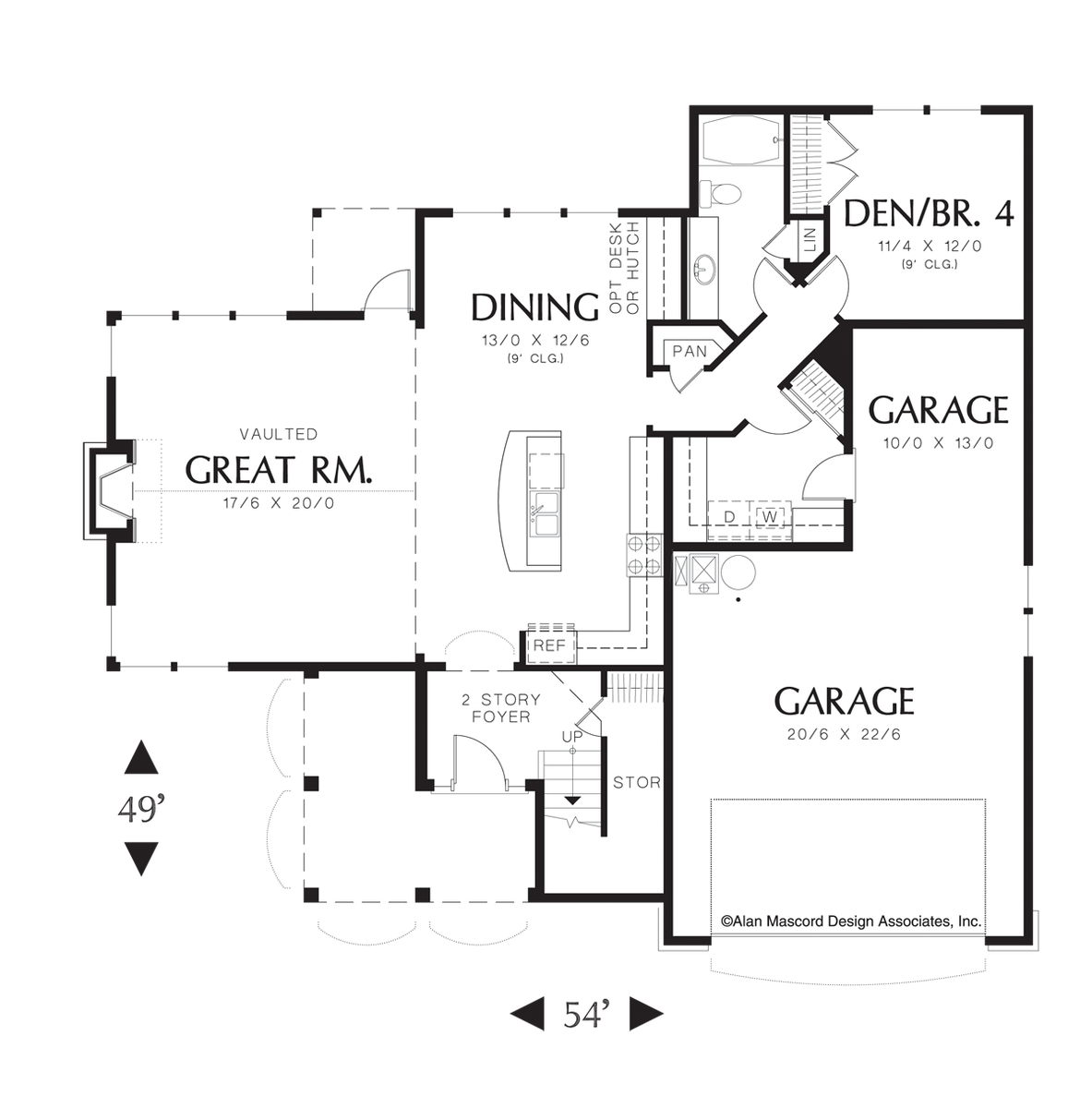 Main Floor Plan image for Mascord Lewiston-Craftsman Plan with Vaulted Ceilings-Main Floor Plan