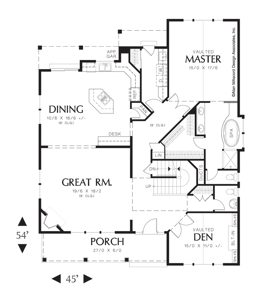 Main Floor Plan image for Mascord Greensburg-Traditional Plan with Corner Fireplace and Spa Tub-Main Floor Plan