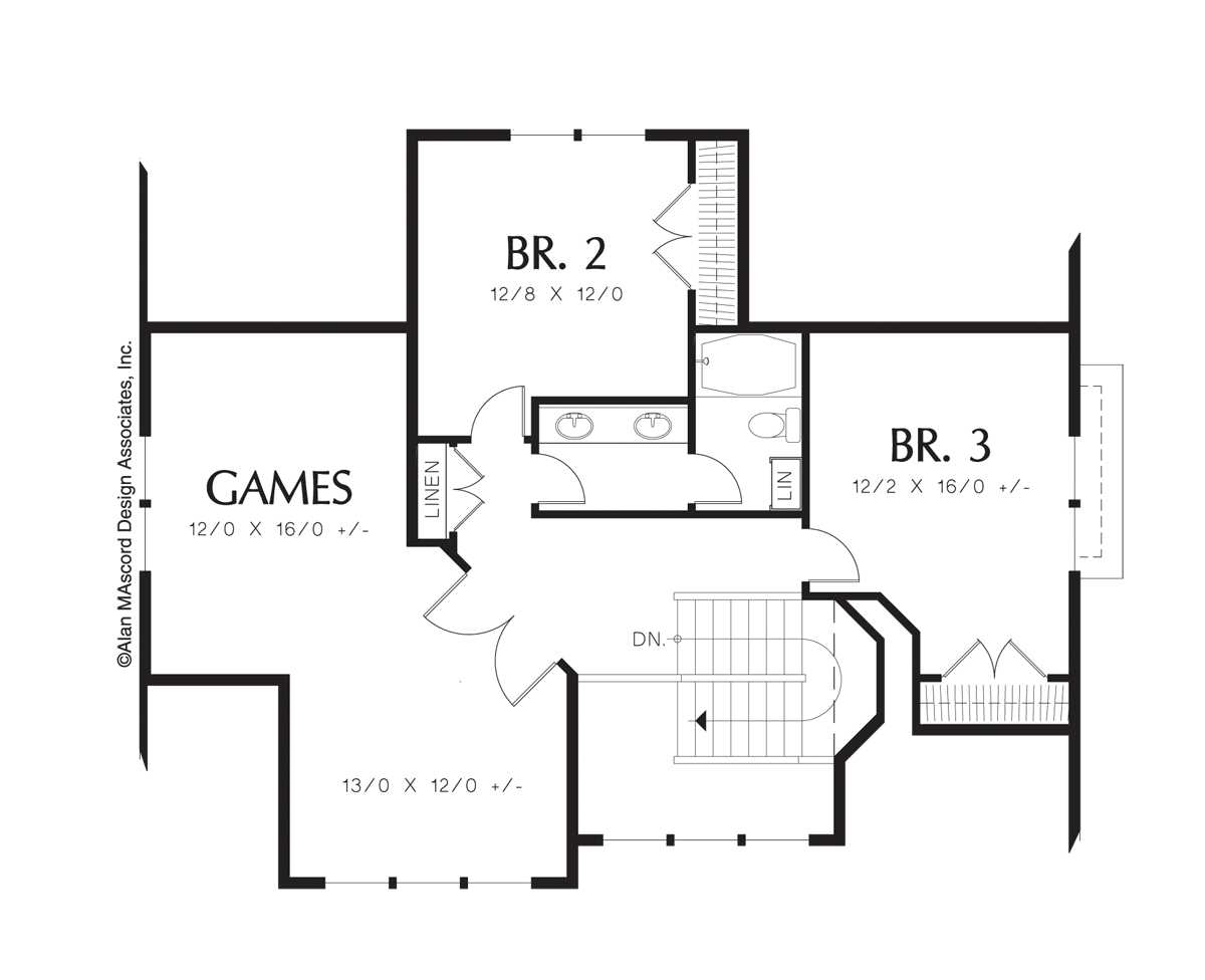 Upper Floor Plan image for Mascord Greensburg-Traditional Plan with Corner Fireplace and Spa Tub-Upper Floor Plan