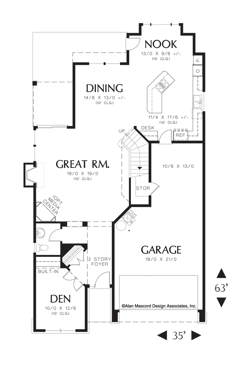 Main Floor Plan image for Mascord Seymour-Narrow Lot Craftsman Plan with Vaulted Master Suite-Main Floor Plan
