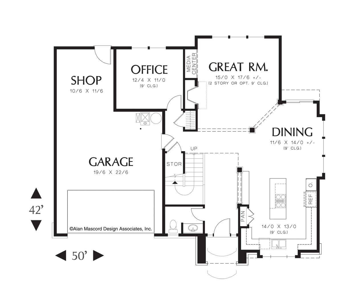 Main Floor Plan image for Mascord Elmore-Vaulted Bedrooms in Lovely French Cottage Plan-Main Floor Plan