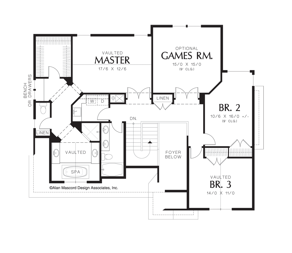 Upper Floor Plan image for Mascord Elmore-Vaulted Bedrooms in Lovely French Cottage Plan-Upper Floor Plan