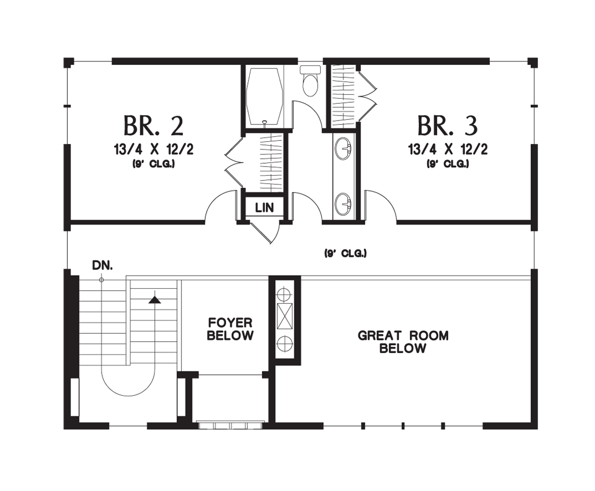 Upper Floor Plan image for Mascord Burbank-Gorgeous Prairie Style Contemporary Home for Sloping Lots-Upper Floor Plan