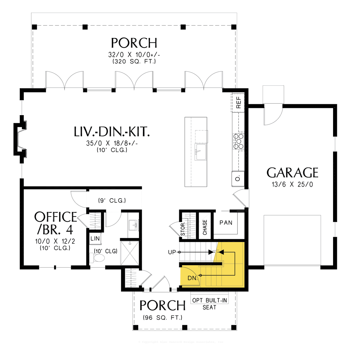Basement Stair Location image for Mascord Harper-This design stands out with classic lines, great aesthetic and bedroom roof decks!-Basement Stair Location