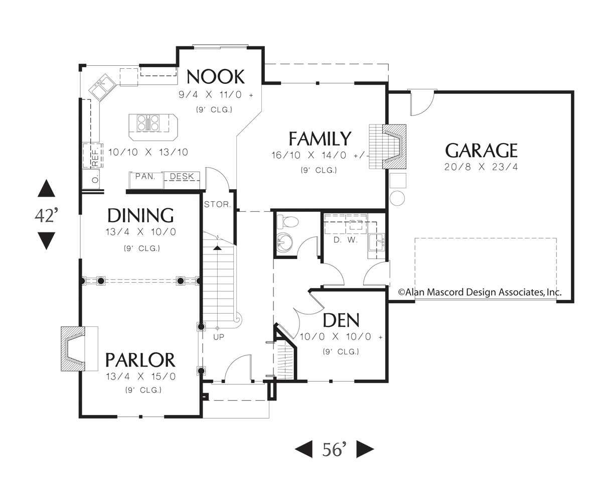 Main Floor Plan image for Mascord Oakdale-Fireplaces in Family Room and Parlor-Main Floor Plan