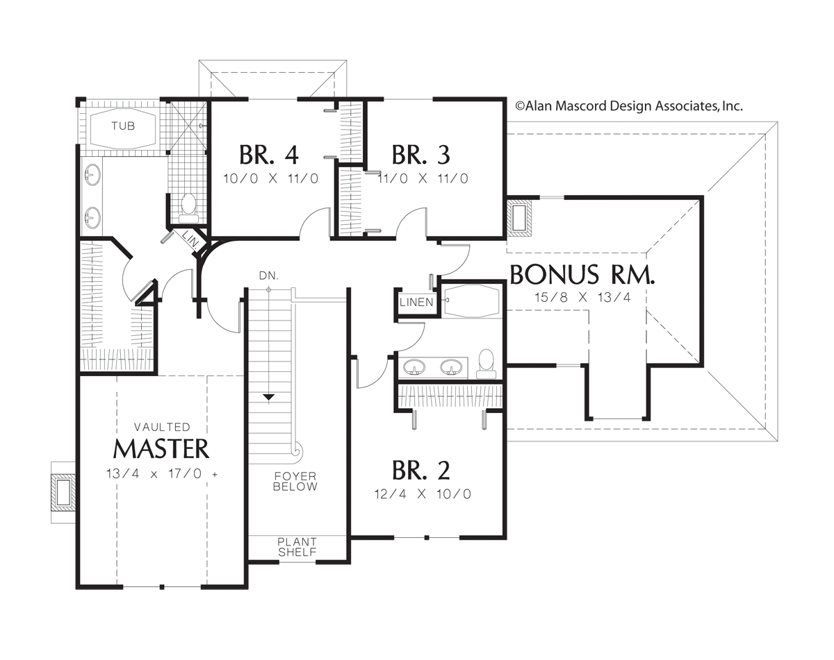 Upper Floor Plan image for Mascord Oakdale-Fireplaces in Family Room and Parlor-Upper Floor Plan