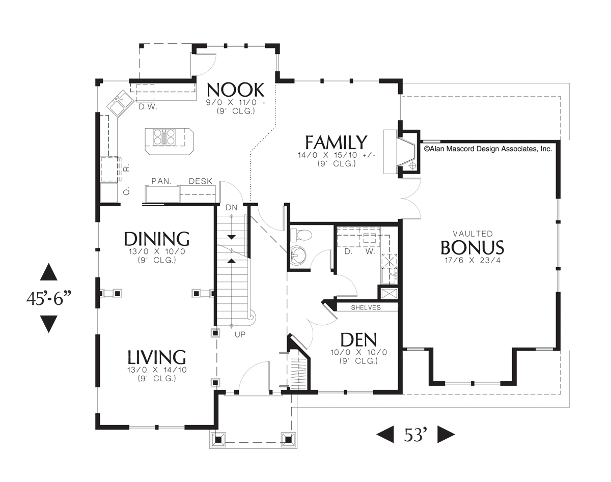 Main Floor Plan image for Mascord Hinckley-Craftsman Plan with His and Hers Closets in Master-Main Floor Plan