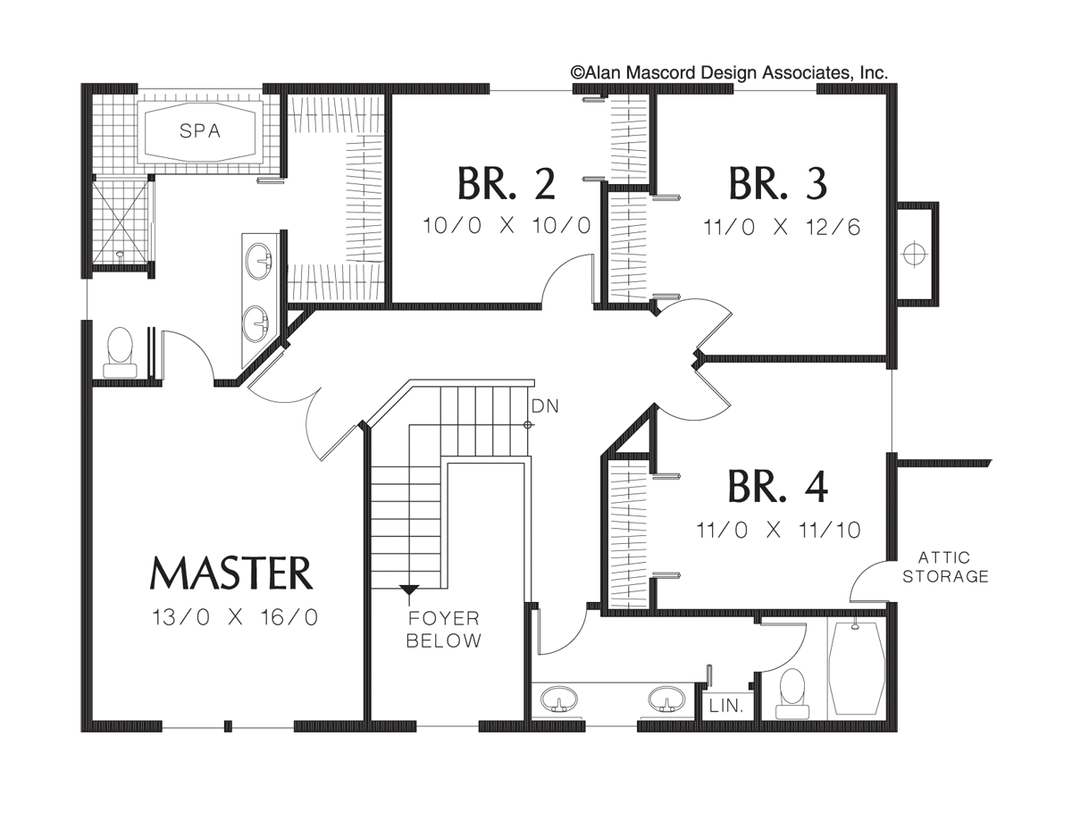 Upper Floor Plan image for Mascord Chanticleer-Charming Country Plan with Wrap-around Porch-Upper Floor Plan