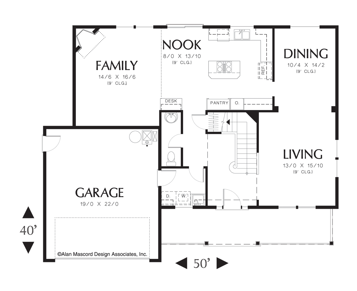 Main Floor Plan image for Mascord Atwater-Country Plan with Bonus Space Over Garage-Main Floor Plan