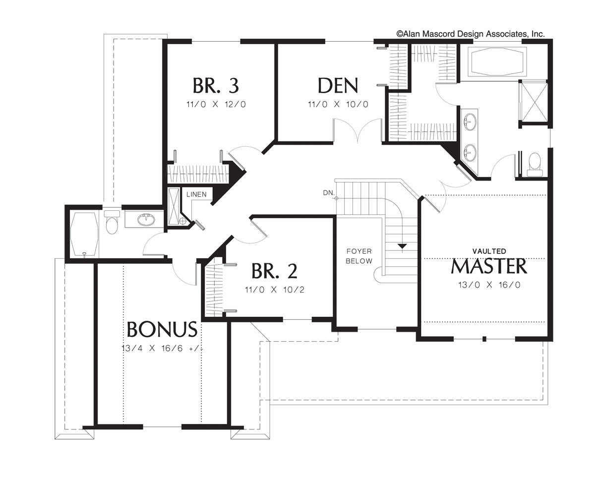 Upper Floor Plan image for Mascord Atwater-Country Plan with Bonus Space Over Garage-Upper Floor Plan