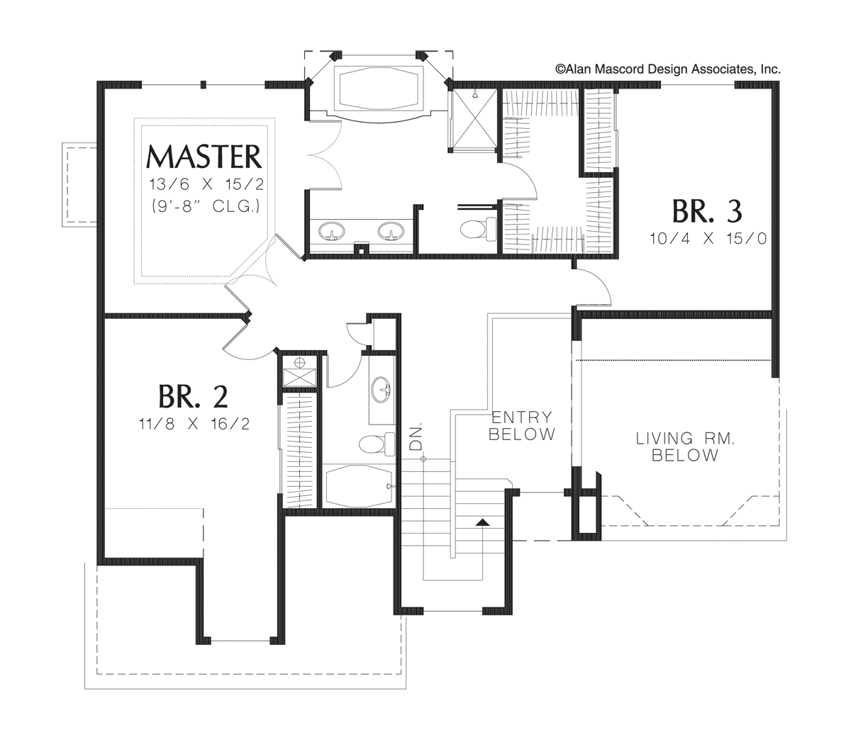 Upper Floor Plan image for Mascord Bromley-3 Floor Home Plan for Steep Sloping Lot-Upper Floor Plan