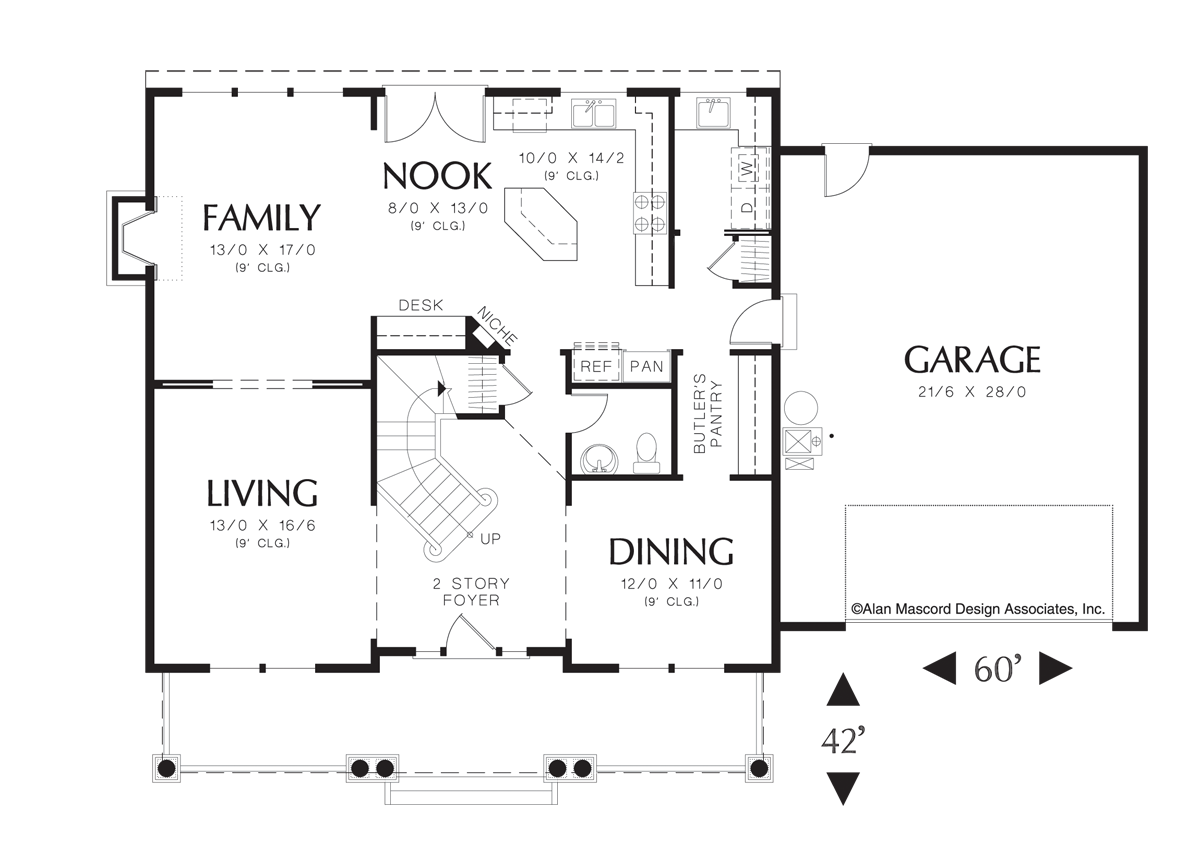 Main Floor Plan image for Mascord Camden-Symmetrical Floor Plan in Craftsman Design-Main Floor Plan
