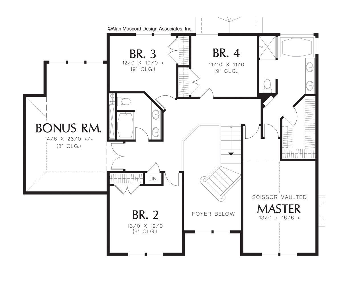 Upper Floor Plan image for Mascord Brayton-Media Center and Fireplace in Farmhouse Plan-Upper Floor Plan