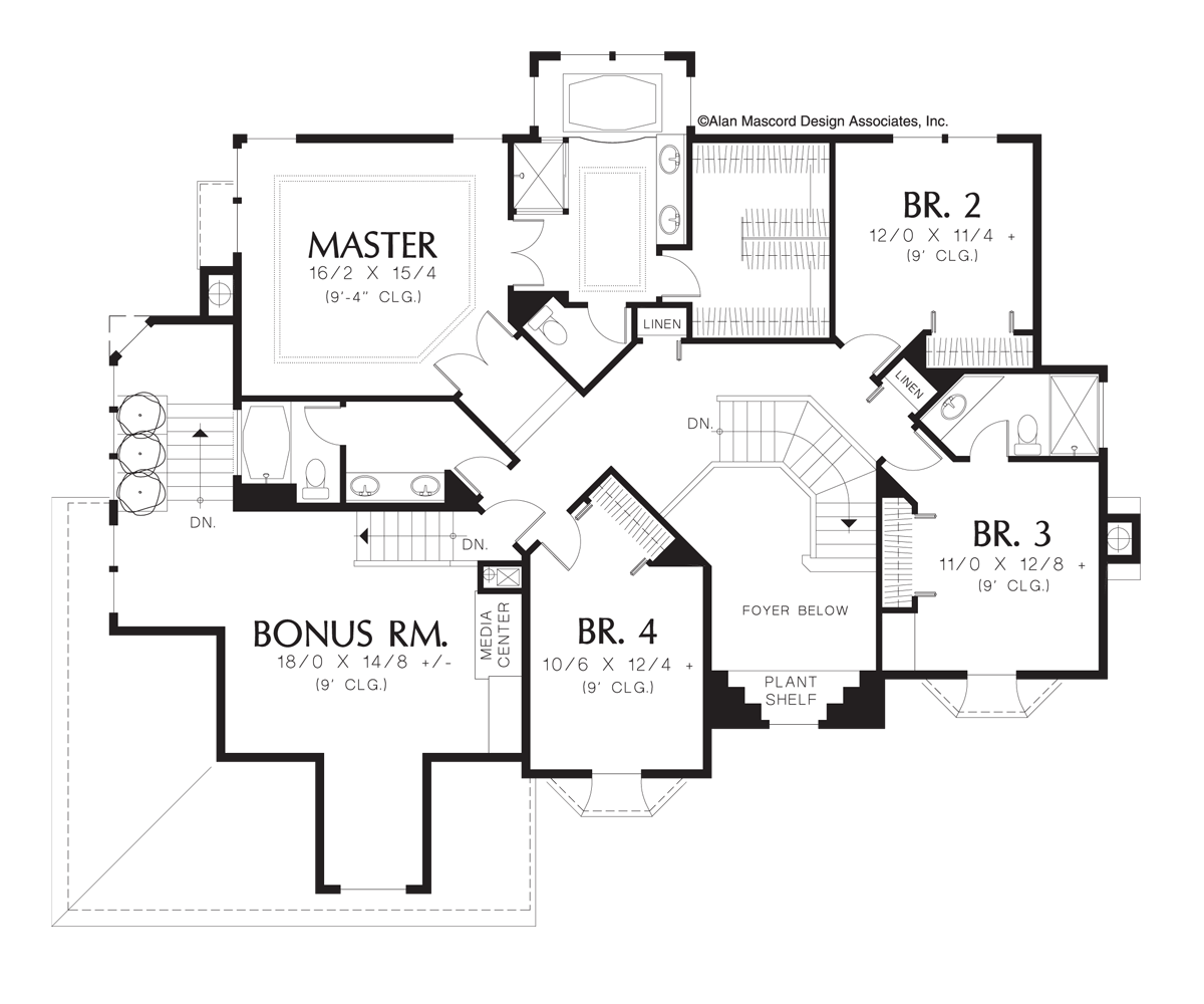 Upper Floor Plan image for Mascord Bellingrath-4 Bedroom Plan for Side-sloping Lot-Upper Floor Plan