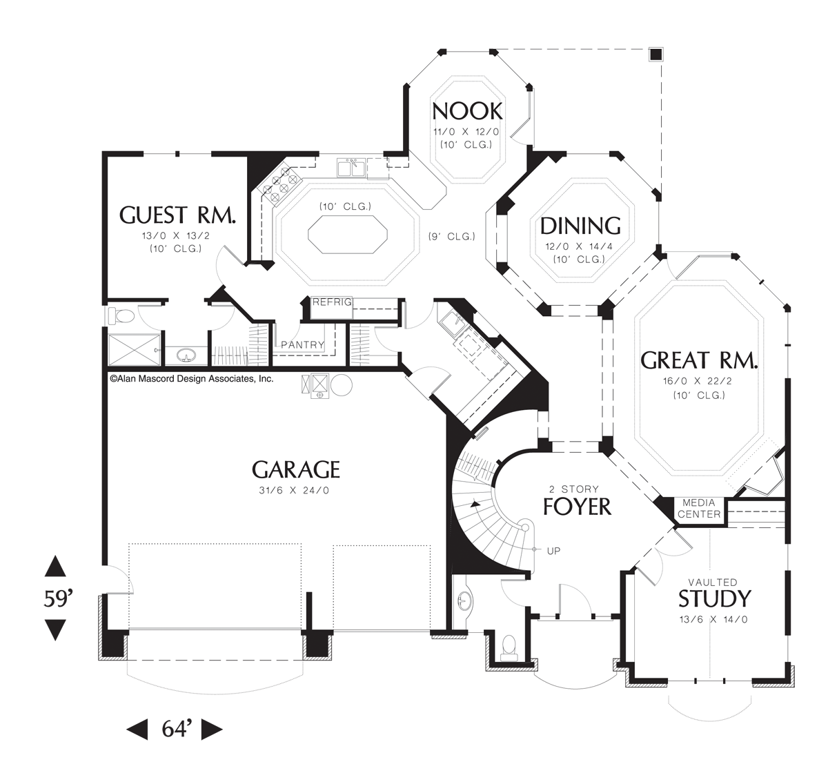 Main Floor Plan image for Mascord Reynolds-Barrel Vaulted Entry Leading to a Two Story Foyer-Main Floor Plan