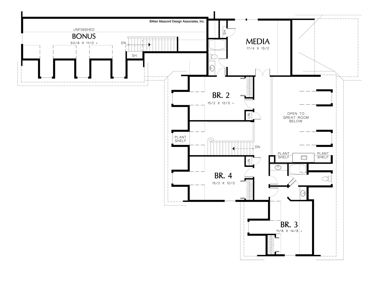 Upper Floor Plan image for Mascord Aldenham-Colonial Style Plan with Multiple Dormers-Upper Floor Plan