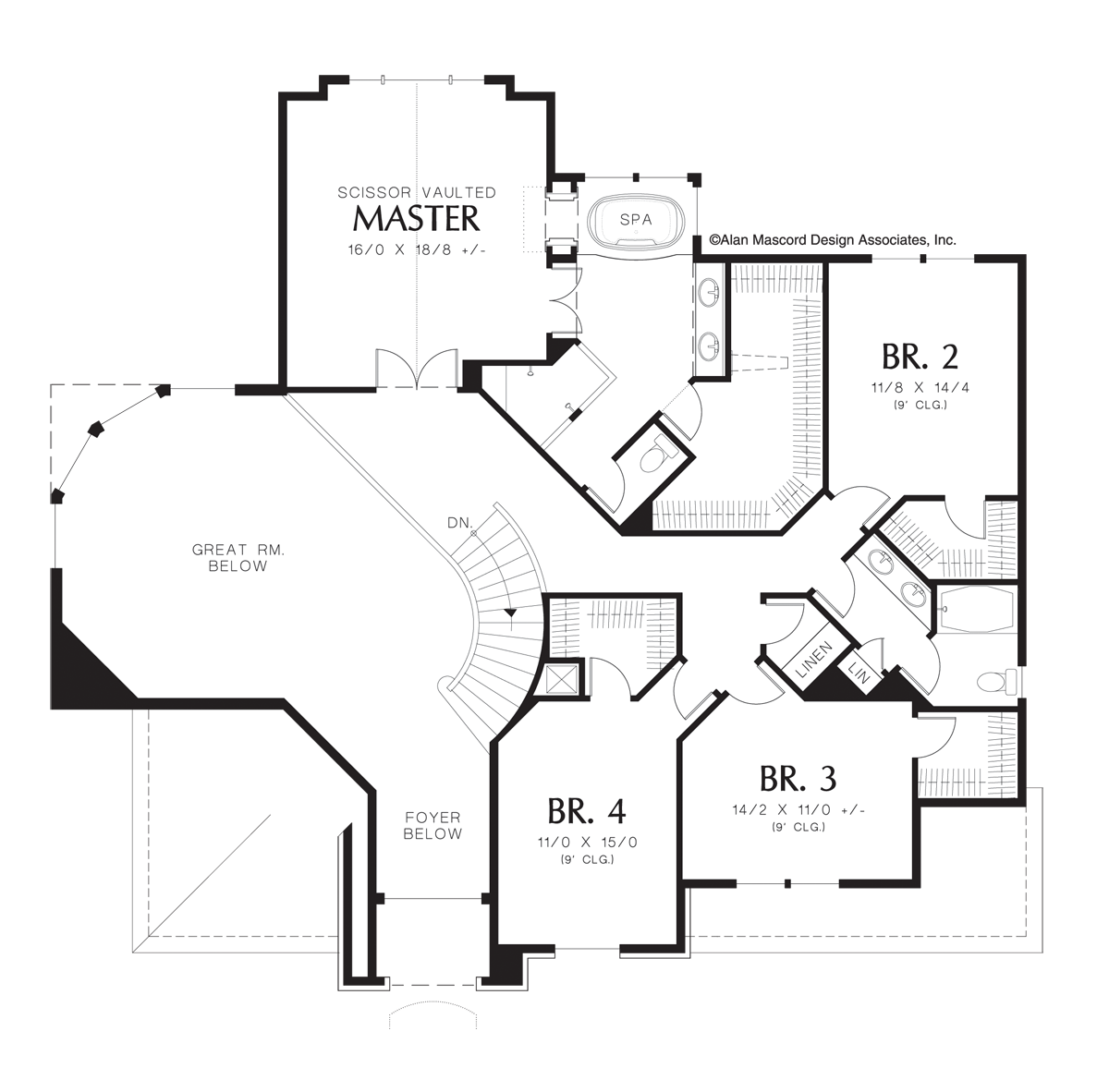 Upper Floor Plan image for Mascord Sedgwick-Curved Wall of Glass in Great Room-Upper Floor Plan