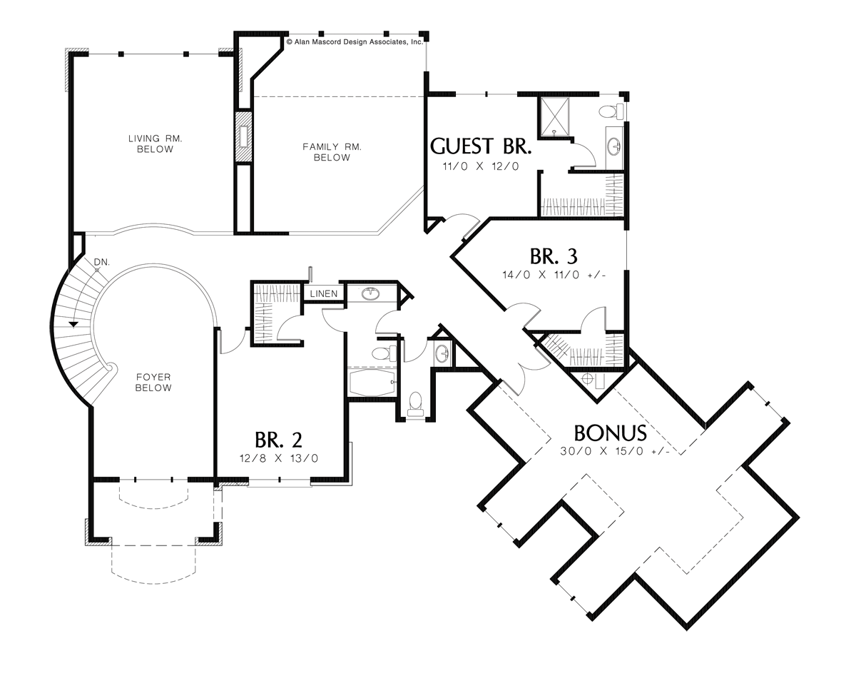Upper Floor Plan image for Mascord Holloway-Angled Garage and Curved Staircase-Upper Floor Plan