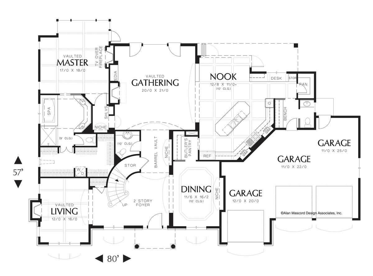 Main Floor Plan image for Mascord Marigold-French Country Plan with Curved Staircase-Main Floor Plan