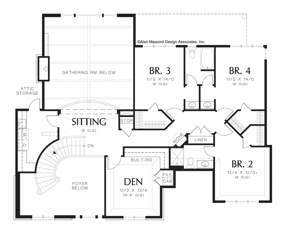 Upper Floor Plan image for Mascord Marigold-French Country Plan with Curved Staircase-Upper Floor Plan