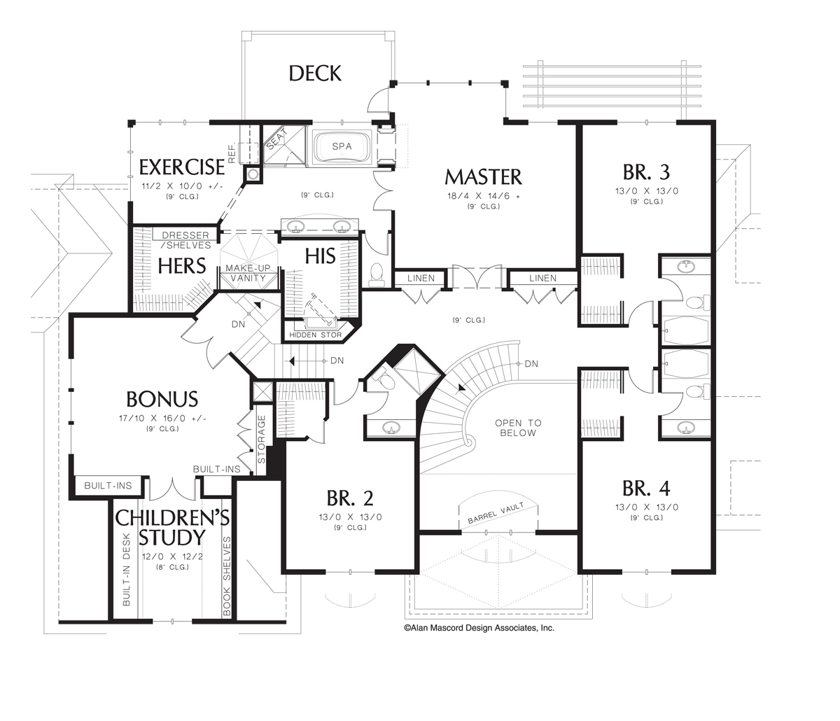 Upper Floor Plan image for Mascord Douglas-Classic 4 Bedroom Plan with French Doors-Upper Floor Plan