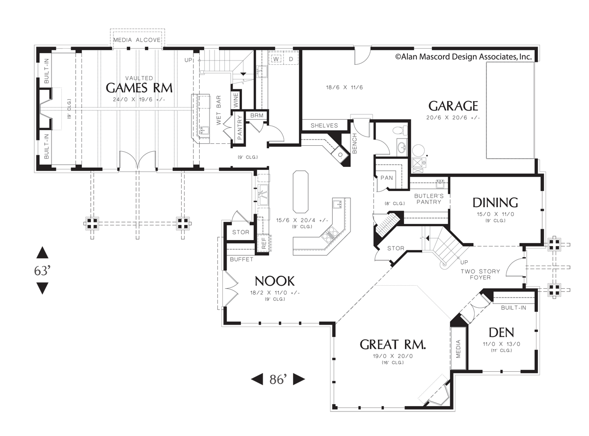 Main Floor Plan image for Mascord Ladner-Craftsman Plan with Two Gathering Areas-Main Floor Plan