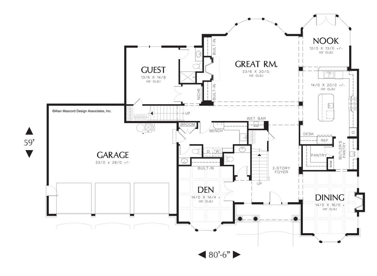 Main Floor Plan image for Mascord Harwood-French Country Plan with Fireplace in Living and Dining-Main Floor Plan